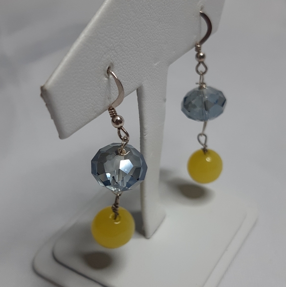 Sterling Silver 925 Stamped Yellow and Blue Glass Earrings - Picture 1 of 4